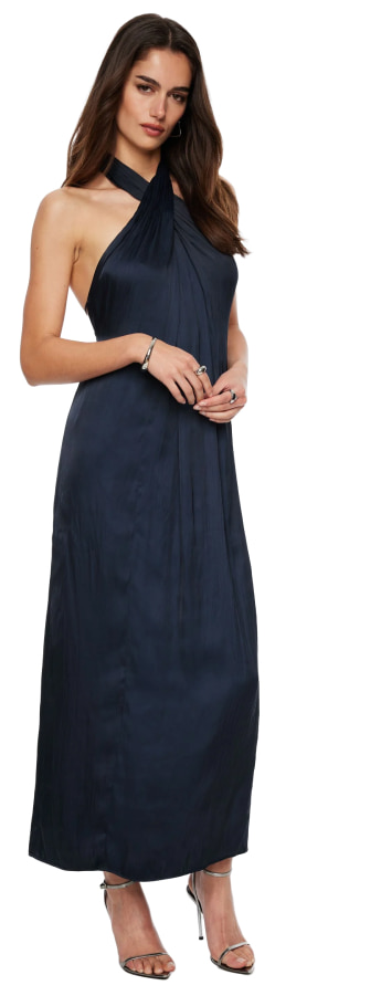 Model is wearing a navy halter maxi dress.