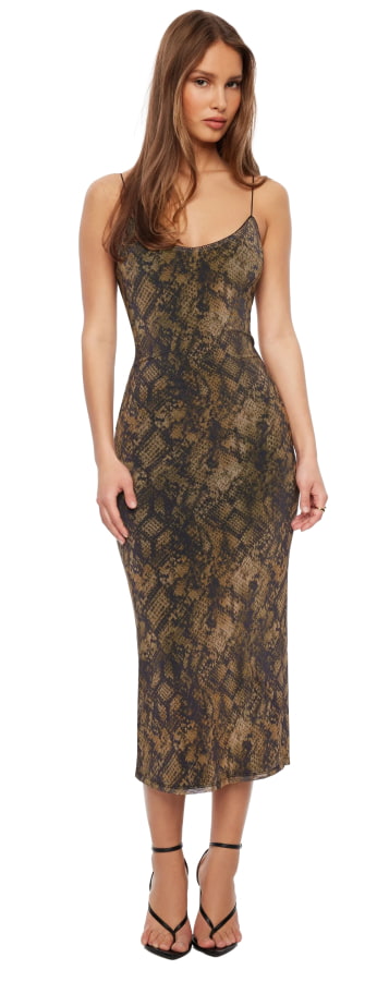 Model is wearing a brown snakeskin print midi dress.
