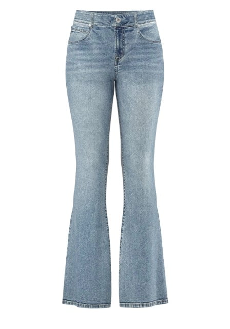 A pair of flared blue jeans.