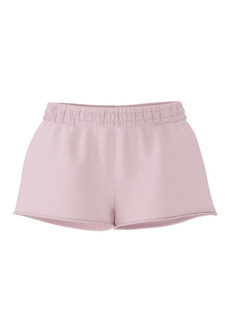 A pair of light pink sweat shorts.