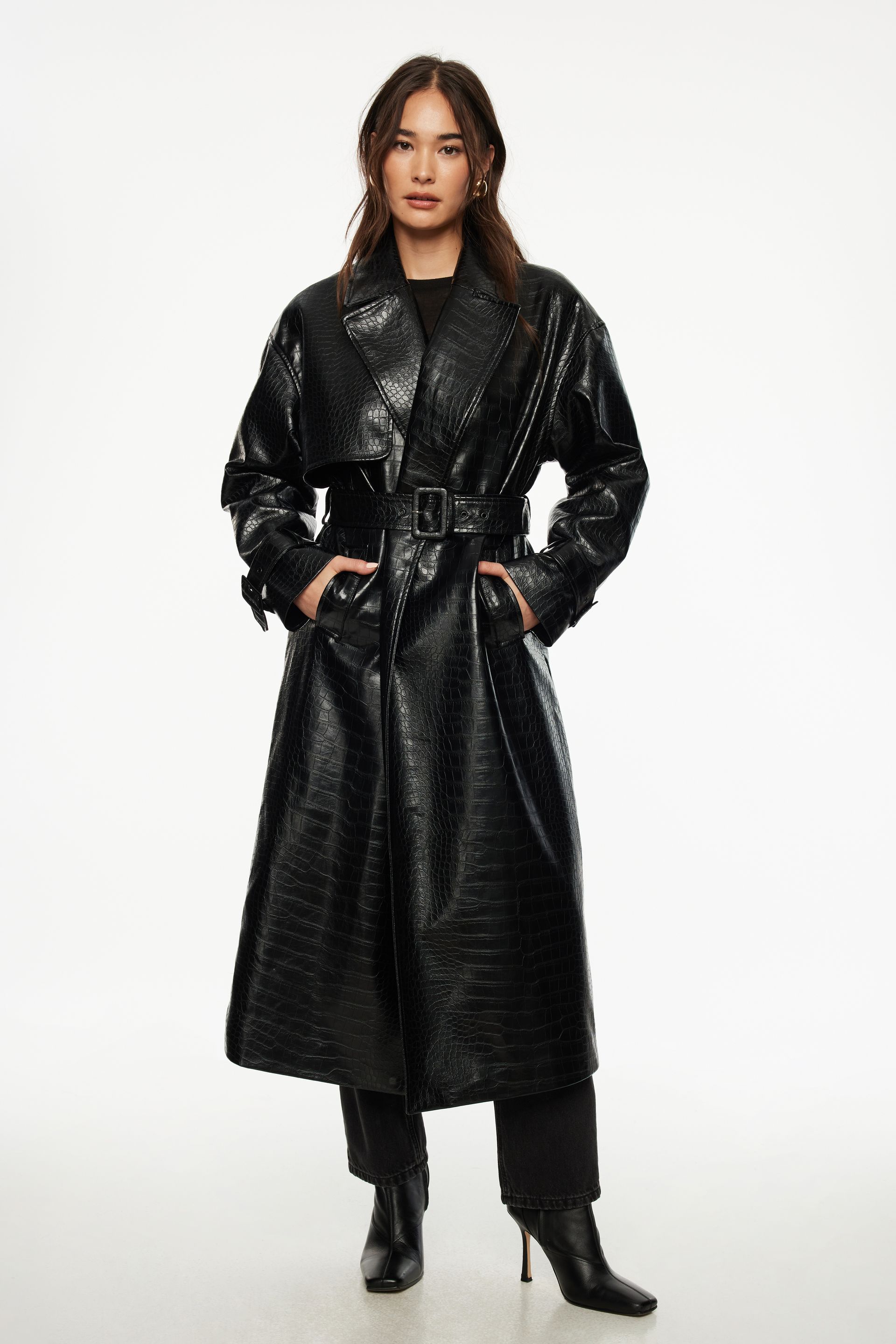 Crocodile Faux Leather Military Trench Coat Black | Garage