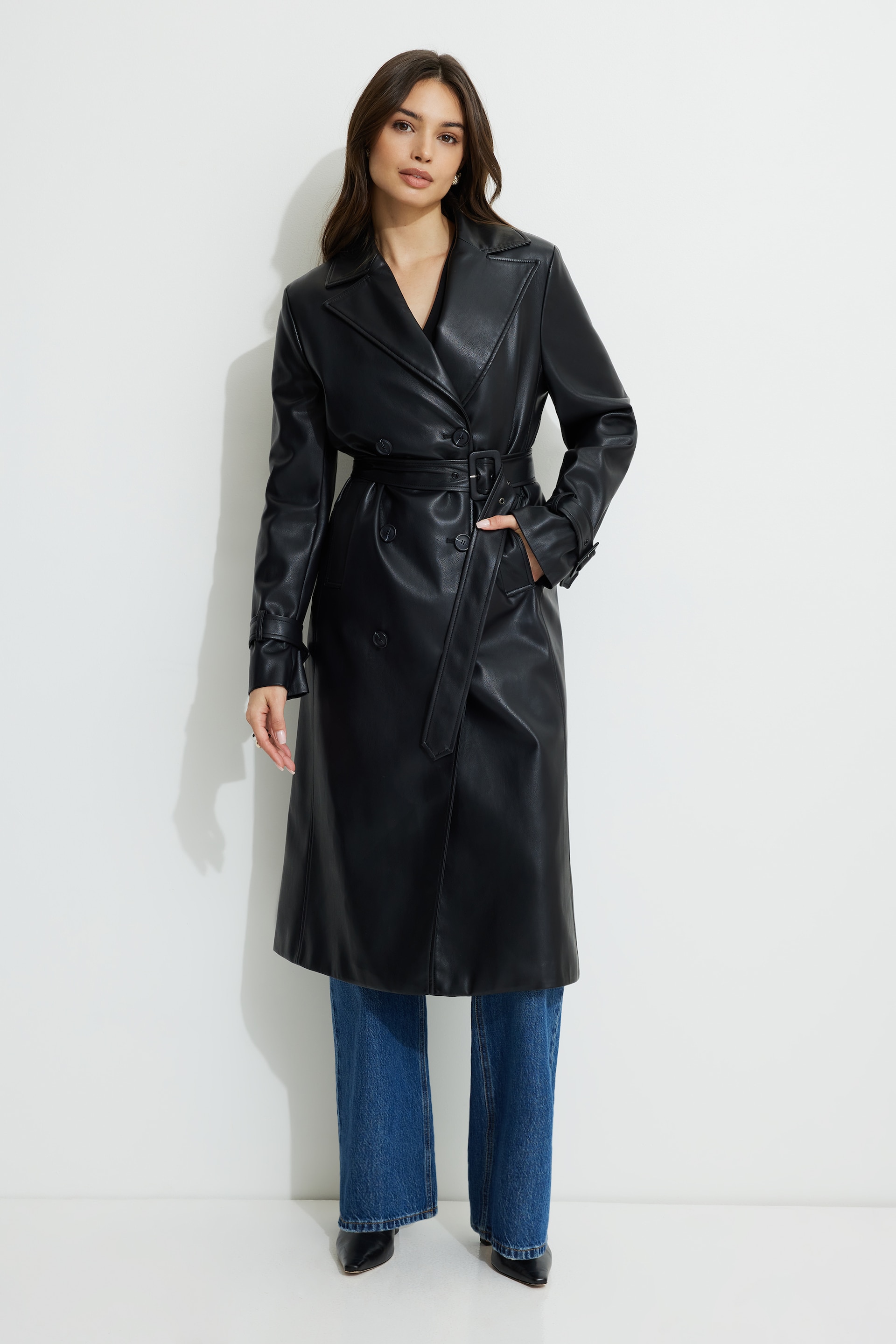 【Ameri】RAFFINE FAKE LEATHER TRENCH COAT AMERI RAFFINE FAKE LEATHER TRENCH COAT